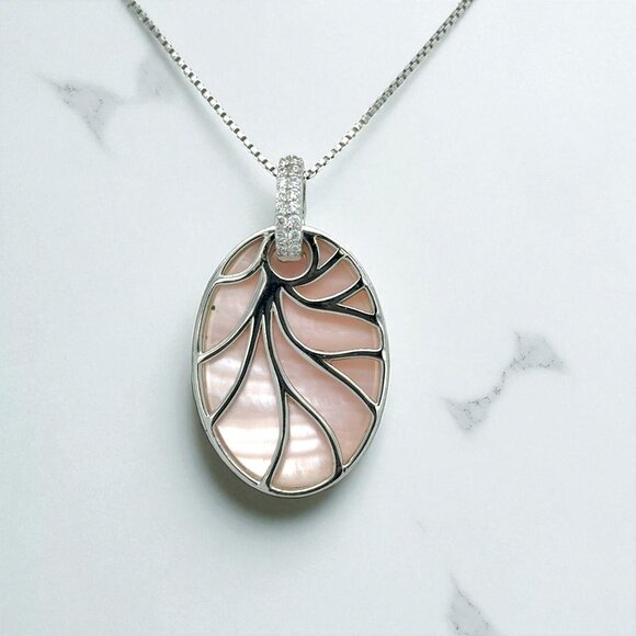 Jewelry - Oval Pink Mother-of-Pearl and CZ Pendant in 925 Sterling Silver